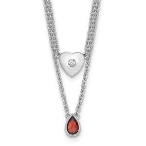 925 Sterling Silver RH 18" Diamond Heart & Garnet Teardrop Necklace plus 2" Ext